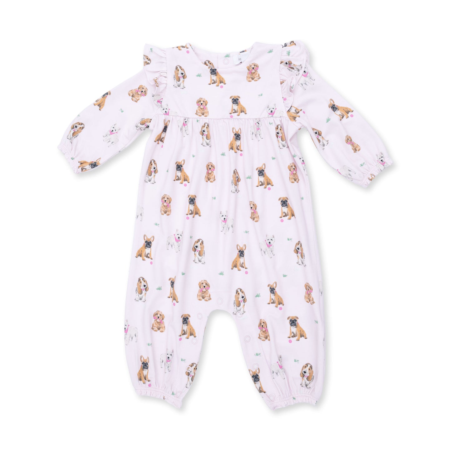 Pink ruffle sleeve romper for dogs by Angel Dear, featuring a cute and comfortable design perfect for pets.