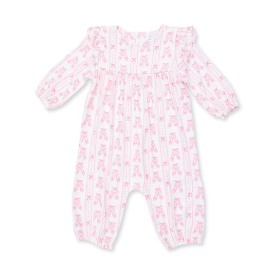 Angel Dear ballet shoes and ribbon ruffle sleeve romper for infants, featuring soft fabric and delicate design details.