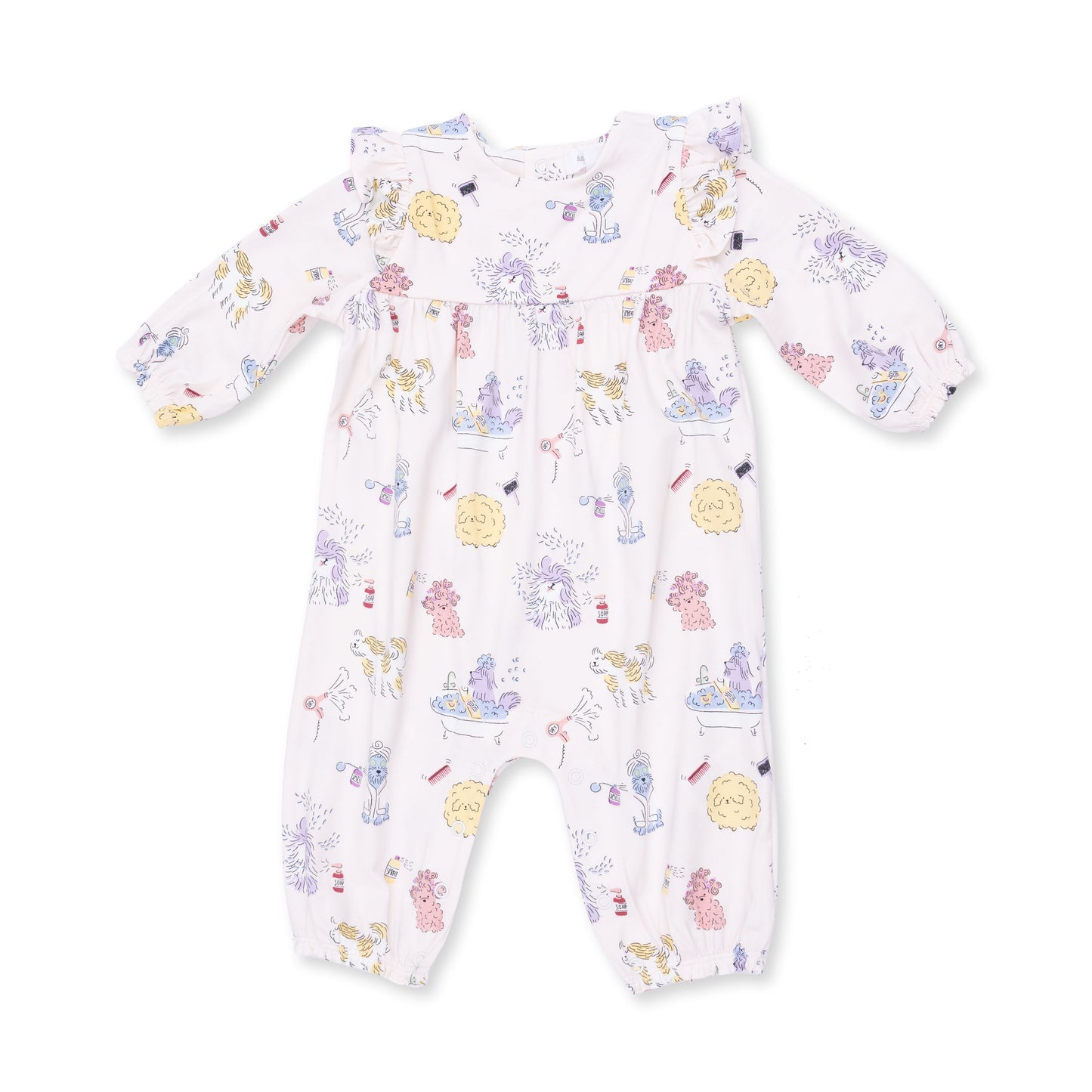 Angel Dear Spa Dogs ruffle sleeve romper for babies, featuring playful dog print and soft fabric, perfect for comfortable summer wear.