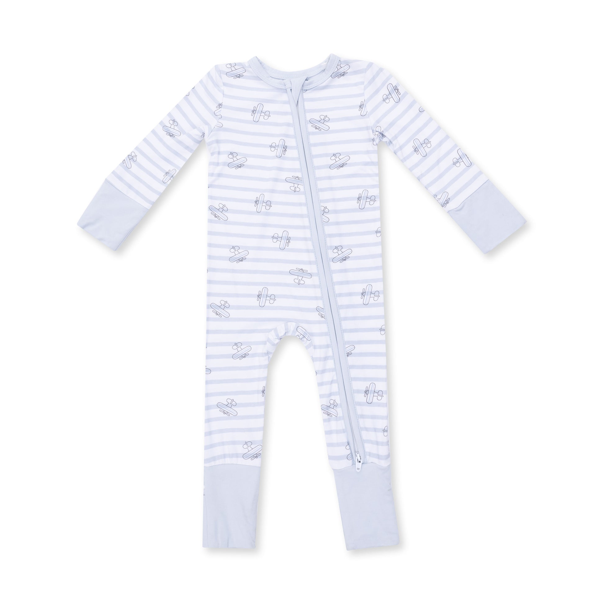Angel Dear airplane stripe zip convertible romper for babies, featuring a playful airplane pattern and comfortable design.
