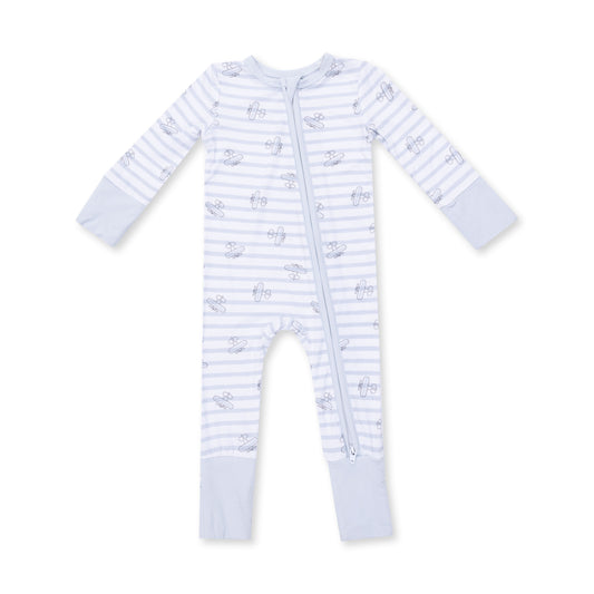 Angel Dear airplane stripe zip convertible romper for babies, featuring a playful airplane pattern and comfortable design.