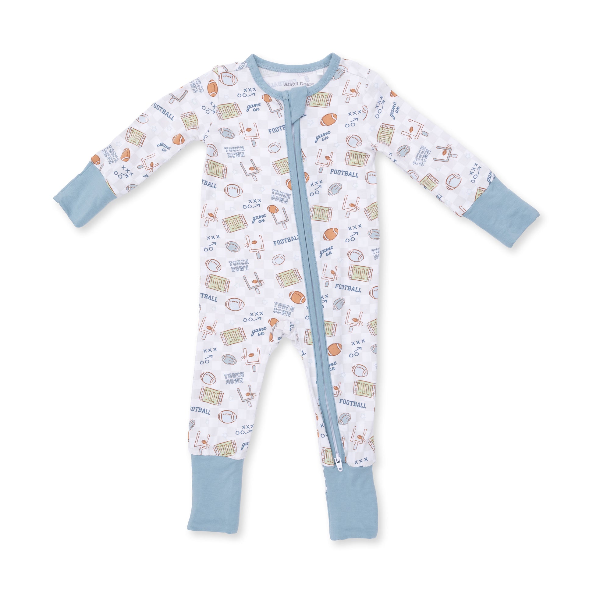 Angel Dear football check zip convertible romper for babies, featuring a soft, comfortable fabric and playful check pattern.
