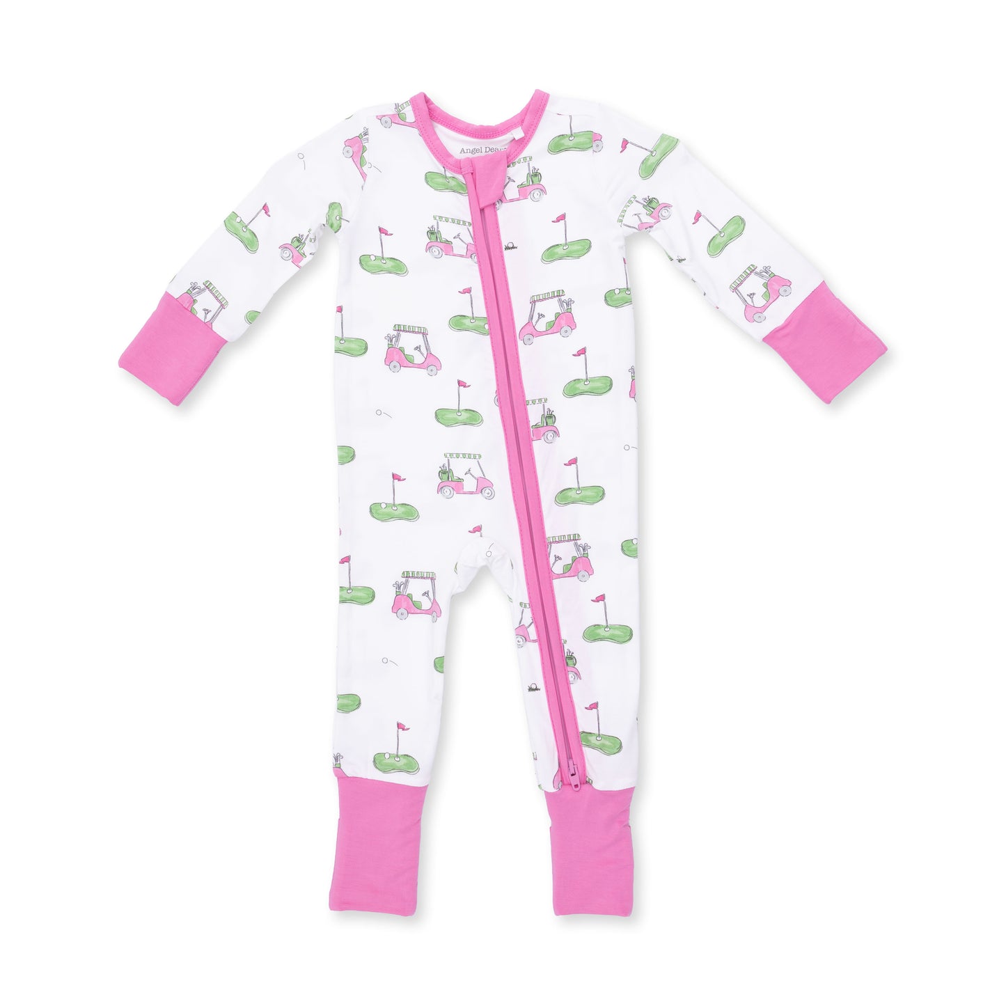 Pink zip convertible romper for babies by Angel Dear, featuring a playful golf cart design on soft cotton fabric.