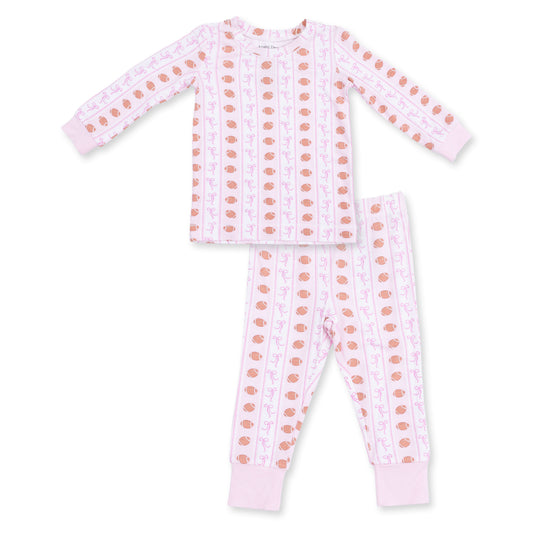 Angel Dear football bow stripe long sleeve loungewear set for kids, featuring playful patterns and comfortable fabric.