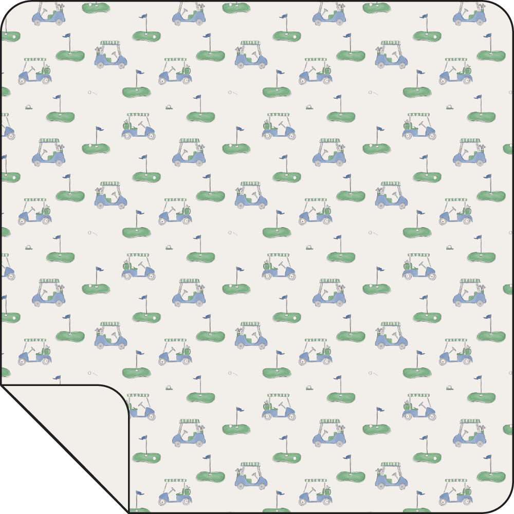 Blue swaddle blanket for babies by Angel Dear featuring a golf cart pattern, soft and cozy for newborns.