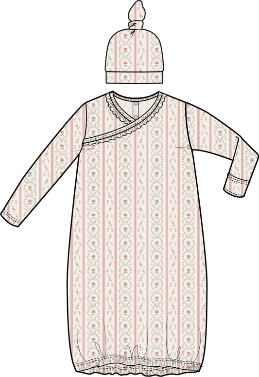 Angel Dear Marnie Rosebud Stripe kimono gown with matching knotted hat, soft and comfortable for babies, featuring a pink and white stripe pattern.