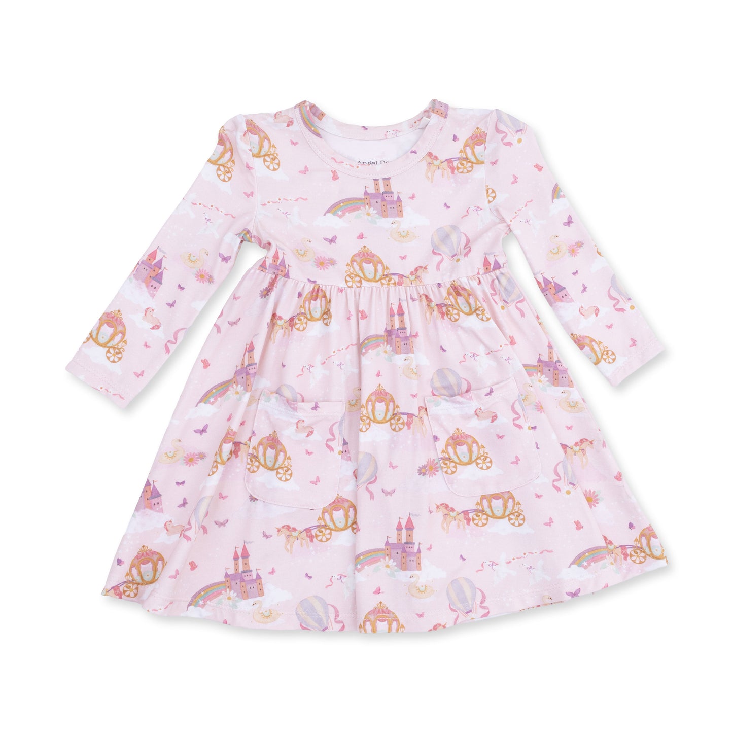 Angel Dear Princess Unicorns & Castle twirly dress with matching bike shorts, featuring colorful fairy tale-inspired unicorn and castle print.