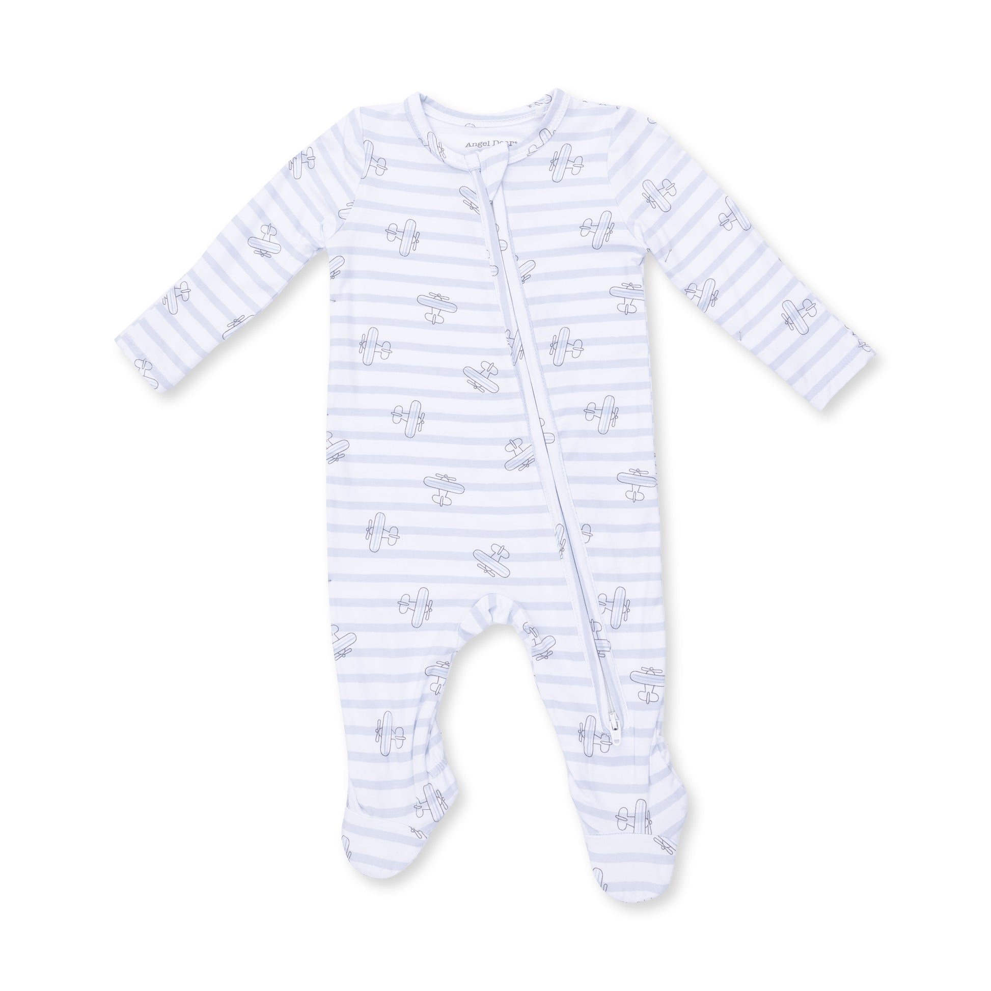 Angel Dear airplane stripe 2-way zip footie for infants, featuring playful airplane patterns and soft, cozy fabric.