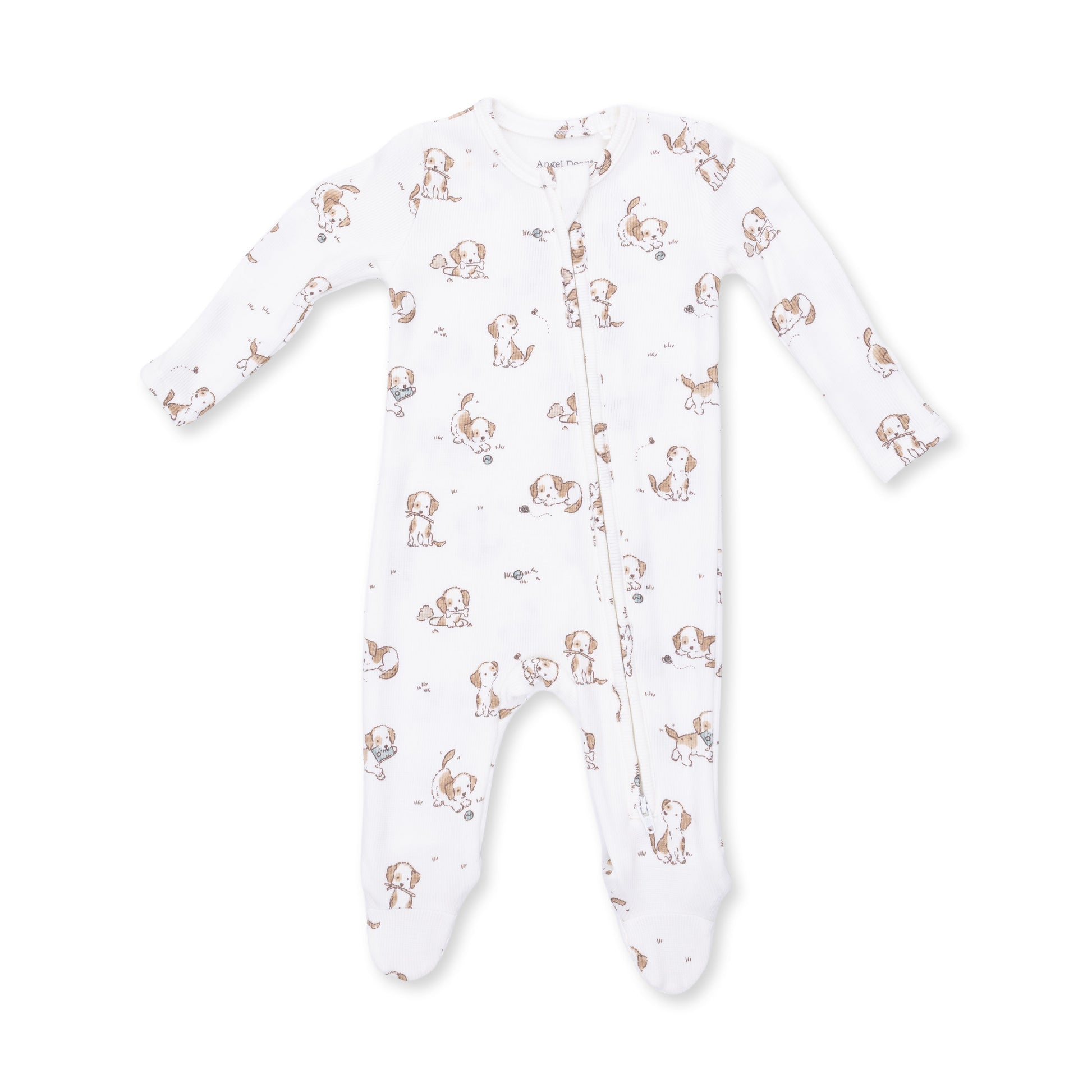 Angel Dear Explorer Puppy Blue 2-Way Zip Footie showing a soft, cozy blue baby onesie with front zippers and puppy print details.