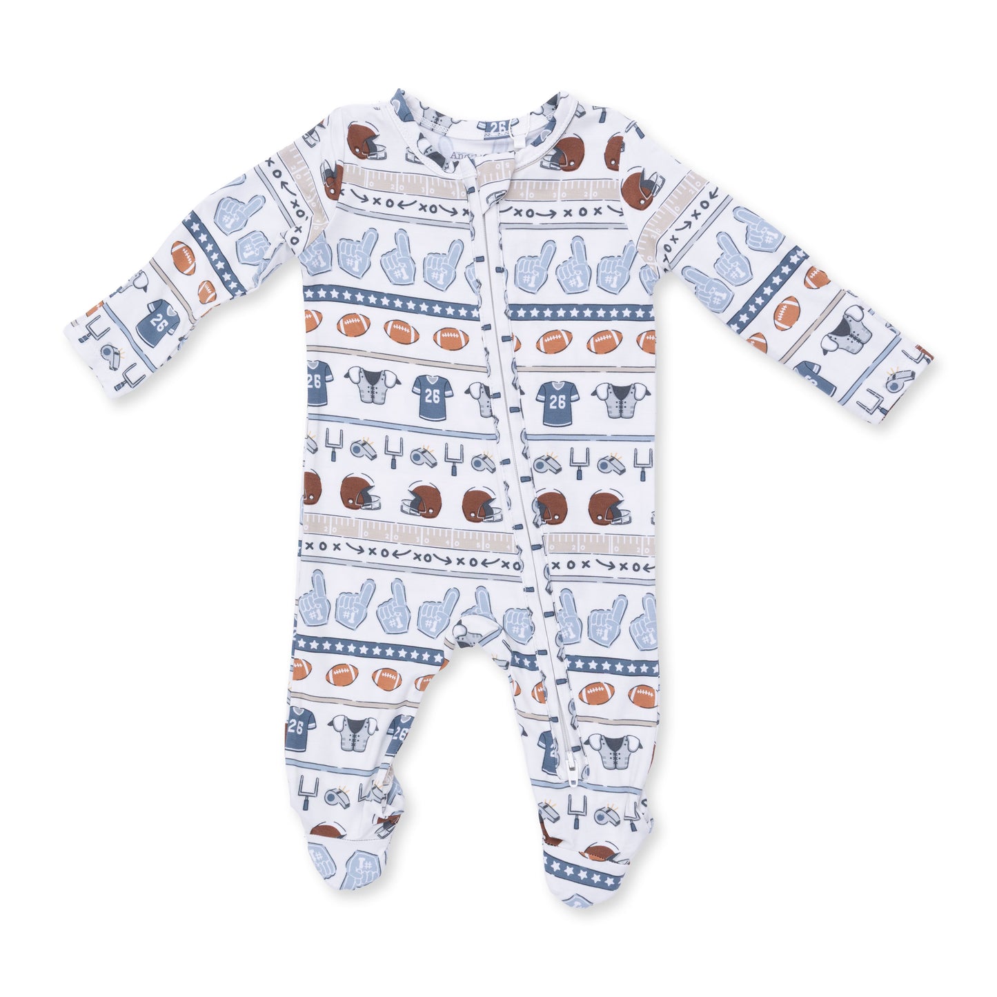 Angel Dear football stripe 2-way zip footie for infants, featuring colorful football patterns and soft, cozy fabric.