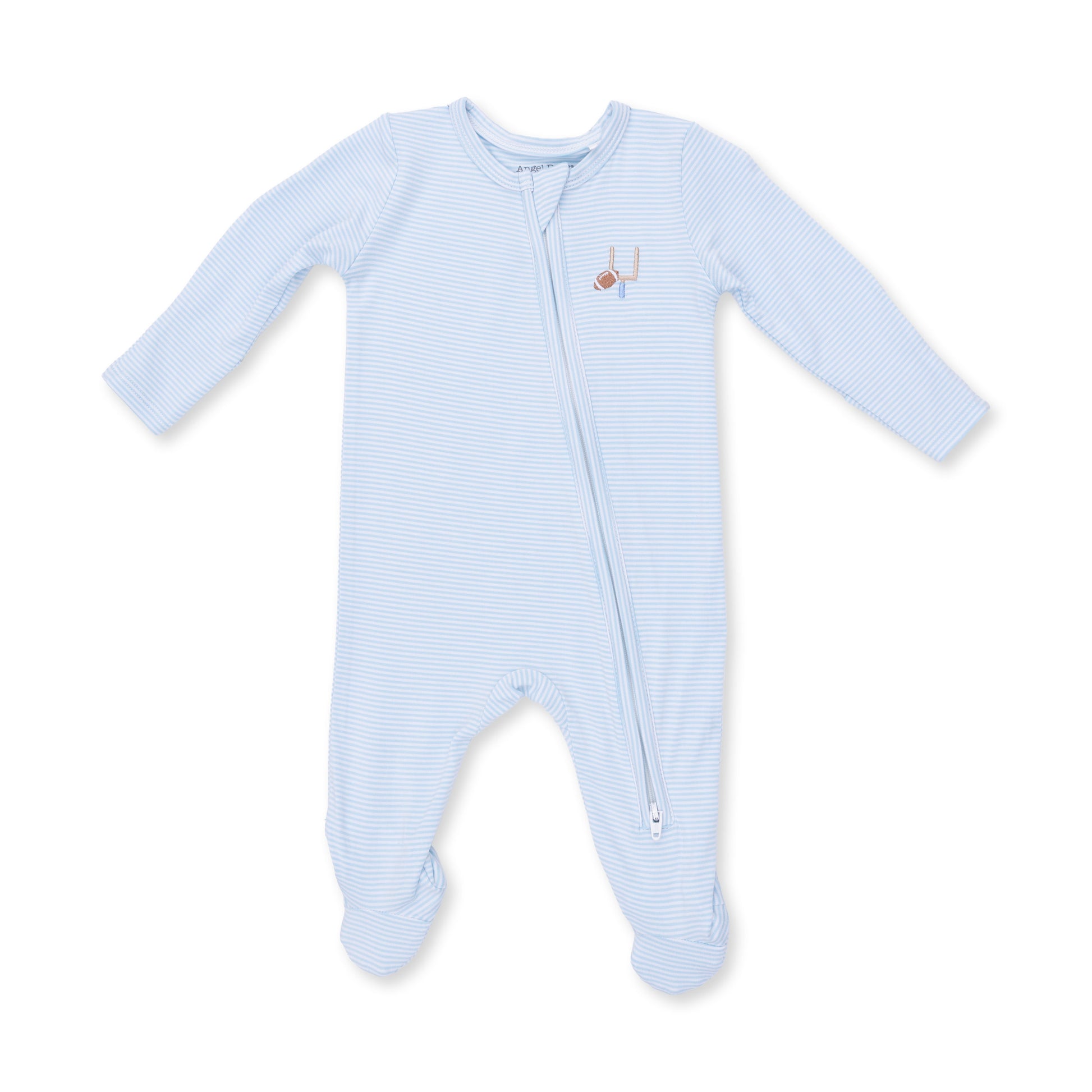 Blue micro stripe football footie with 2-way zip by Angel Dear, showing the front view with comfortable fabric and detailed stitching.