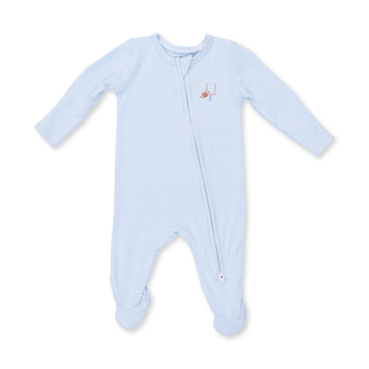 Blue micro stripe football footie with 2-way zip by Angel Dear, showing the front view with comfortable fabric and detailed stitching.