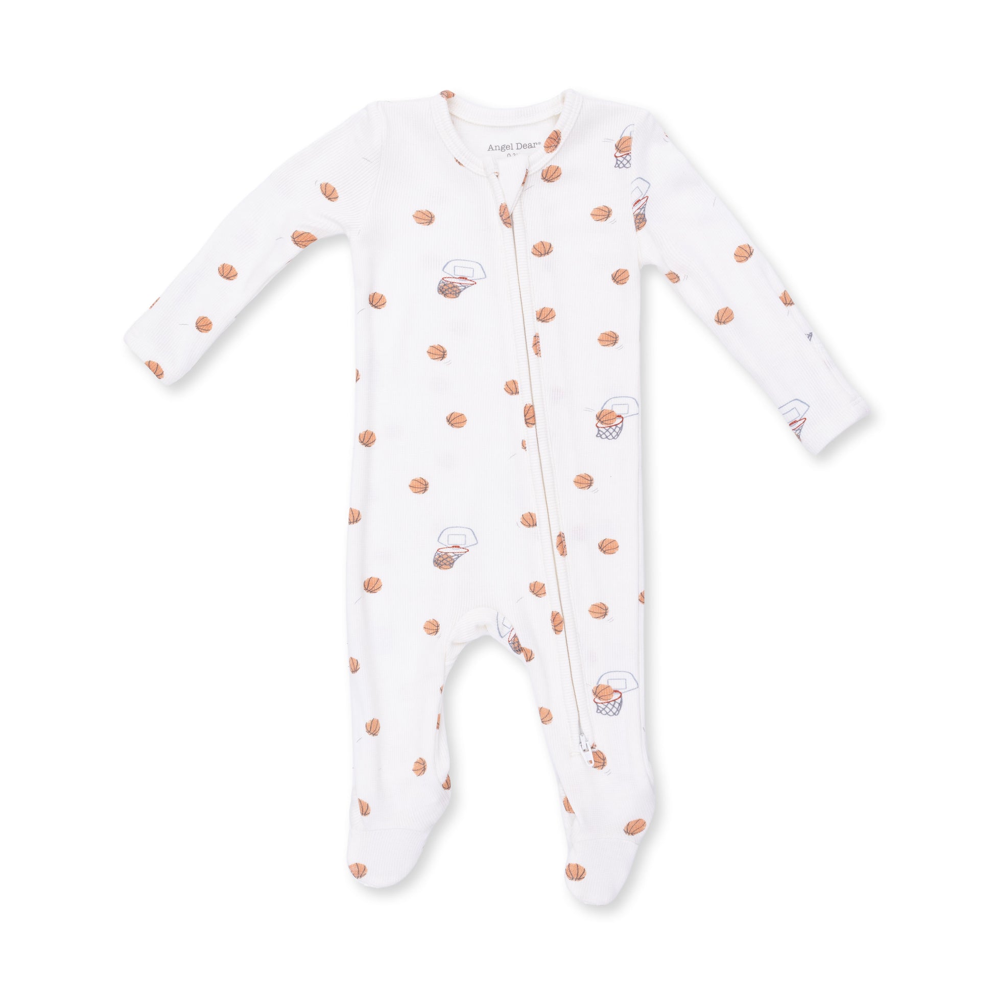 Angel Dear Mini Basketballs 2 Way Zip Footie, soft baby clothing with playful basketball print and zip closure for easy dressing.