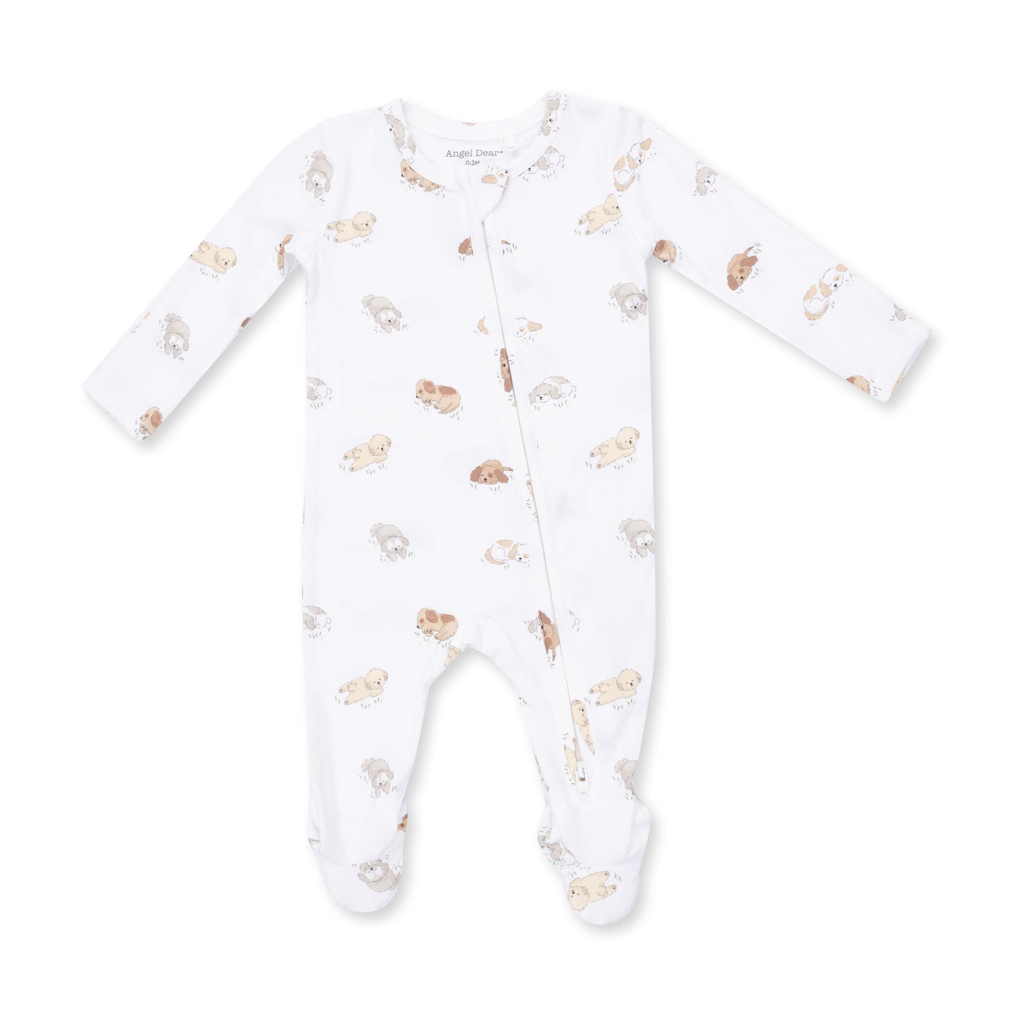 Angel Dear Puppy Snuggle Club 2-Way Zip Footie featuring a cozy puppy print, soft fabric, and convenient front and back zippers.