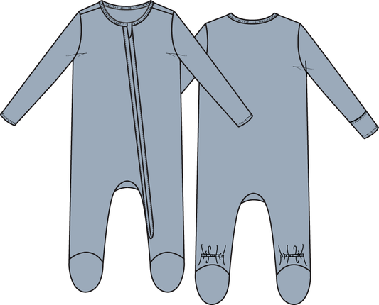 Angel Dear Solid Blue Fog 2-Way Zip Footie for babies, featuring soft fabric and front zipper for easy dressing.