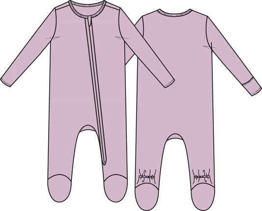 Angel Dear Solid Winsome Orchid 2-Way Zip Footie for infants, featuring soft fabric and easy zipper closure.