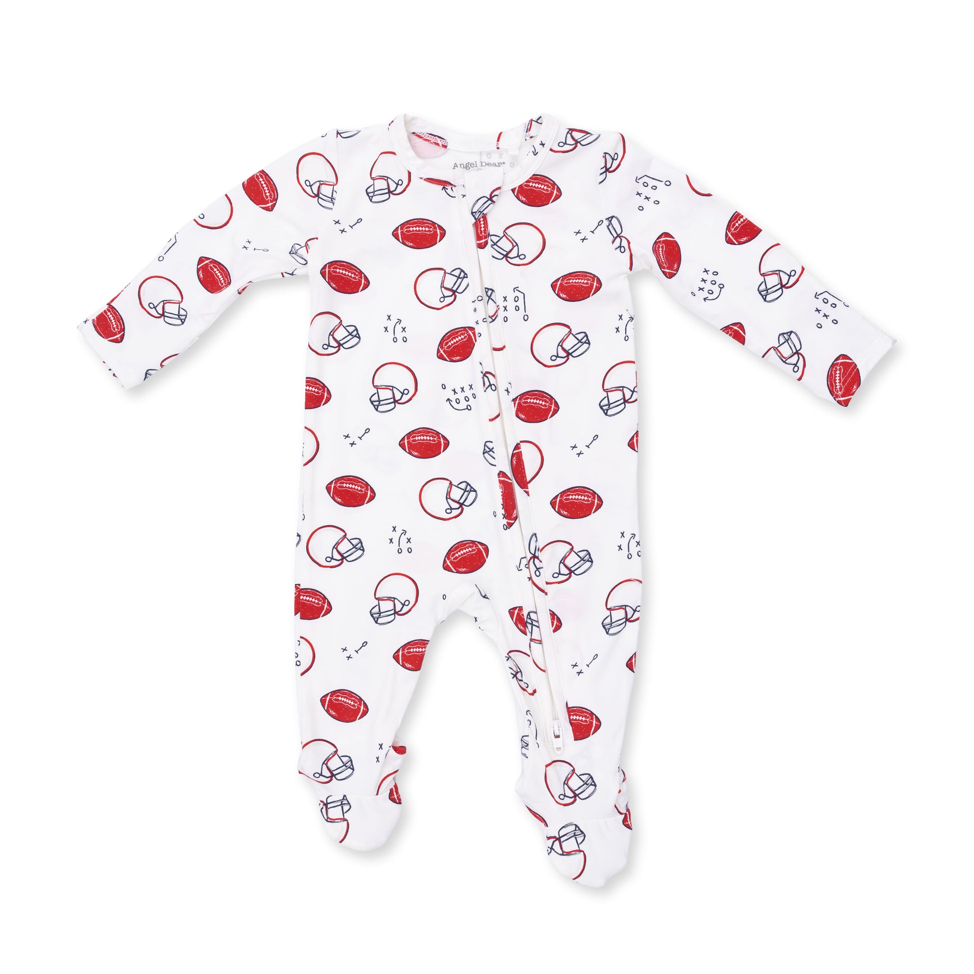 Angel Dear Touchdown Time 2-Way Zip Footie for babies, soft fabric with front zipper and playful football-themed design.