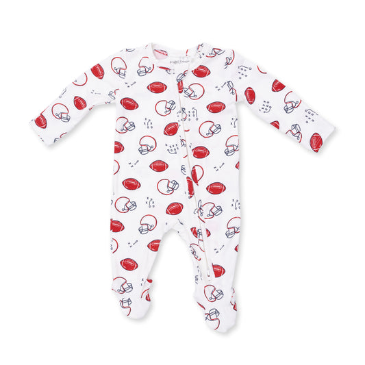 Angel Dear Touchdown Time 2-Way Zip Footie for babies, soft fabric with front zipper and playful football-themed design.