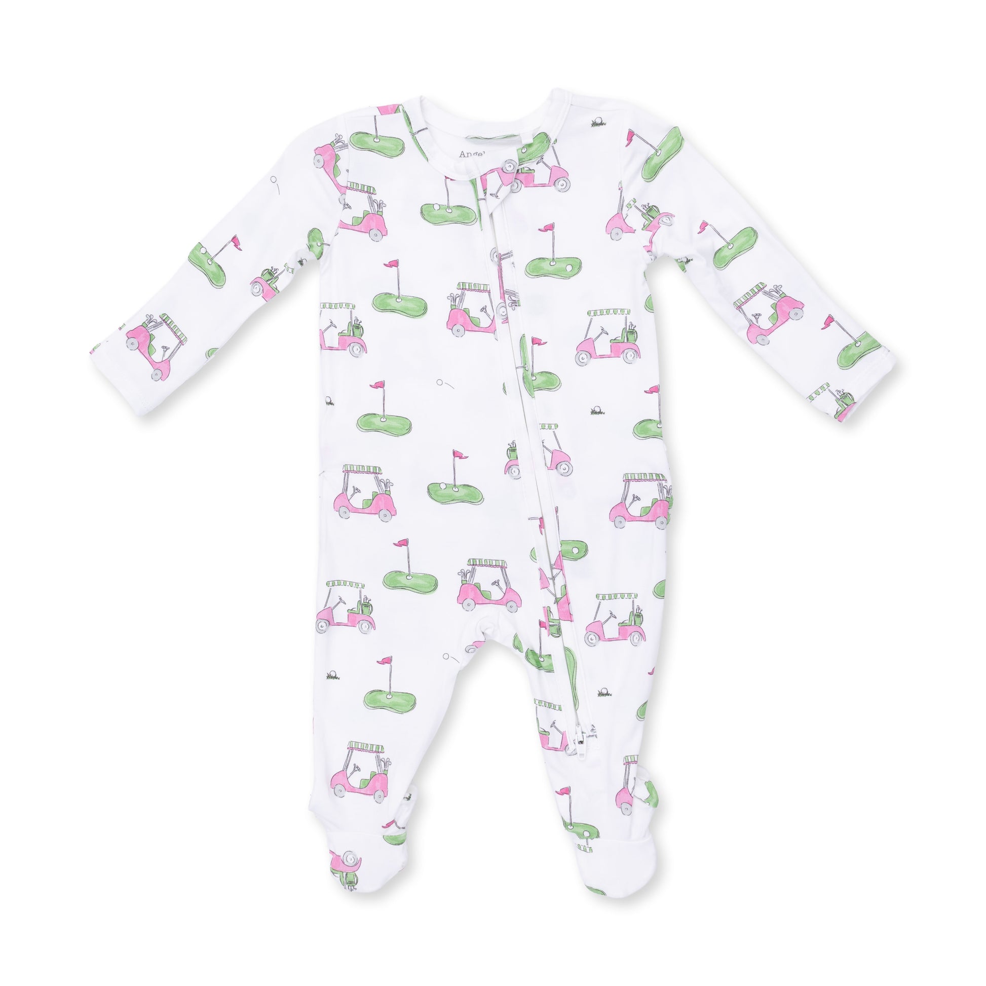 Pink Angel Dear golf cart-themed 2-way ruffle zip footie for babies, featuring playful cart print and soft fabric.