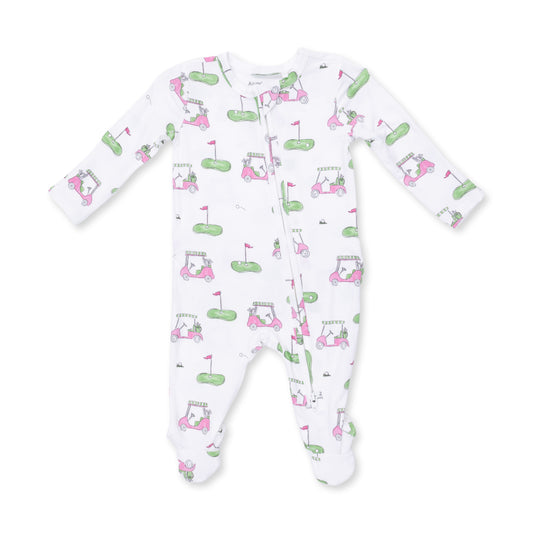 Pink Angel Dear golf cart-themed 2-way ruffle zip footie for babies, featuring playful cart print and soft fabric.