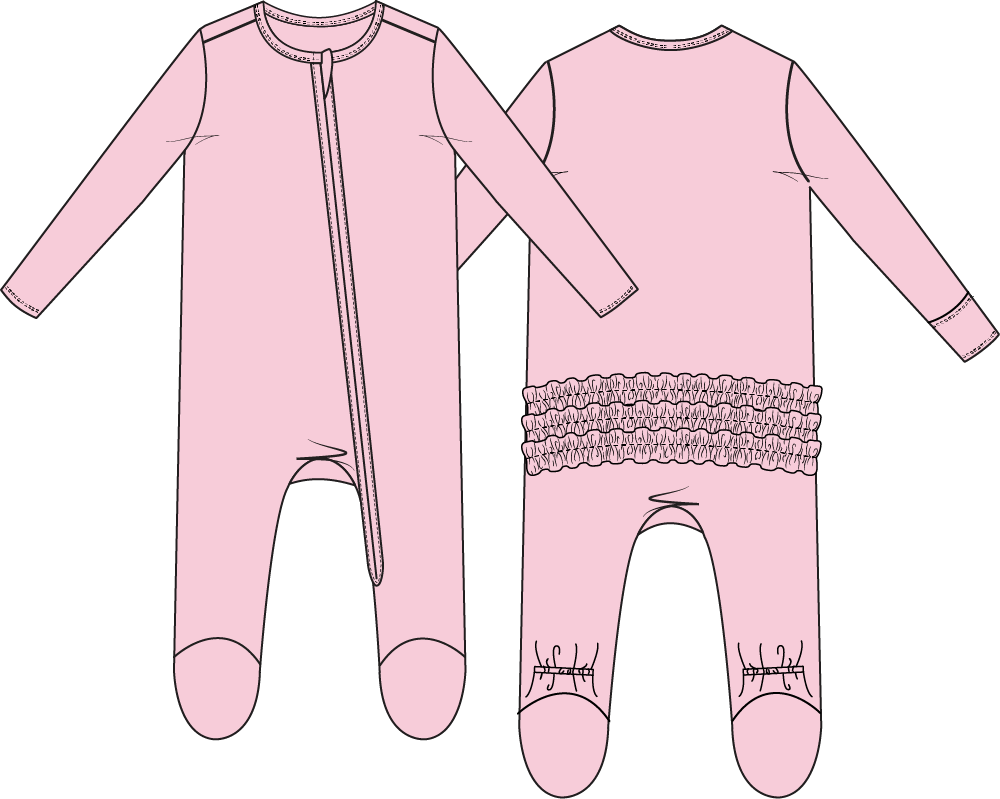 Pink Angel Dear solid ruffle zip footie with 2-way zipper, featuring soft fabric and adorable ruffle details for babies.