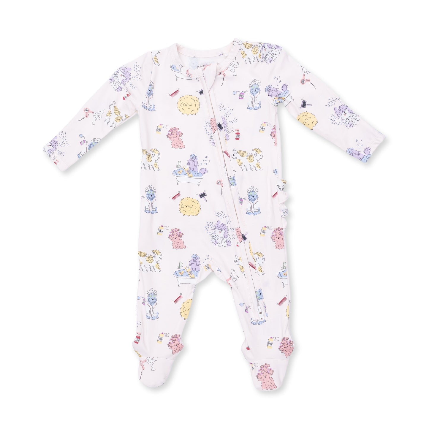 Angel Dear Spa Dogs 2 Way Ruffle Zip Footie for babies, featuring playful dog print and comfortable zip closure.