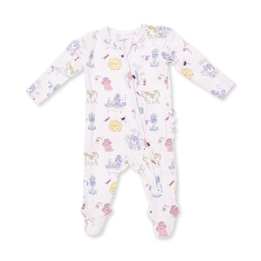Angel Dear Spa Dogs 2 Way Ruffle Zip Footie for babies, featuring playful dog print and comfortable zip closure.