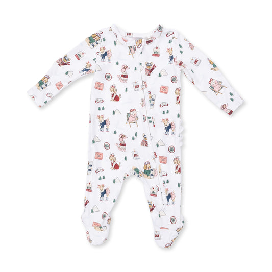 Pink winter sports dog footie by Angel Dear with ruffle details and zip closure, designed for warmth and comfort during cold weather.