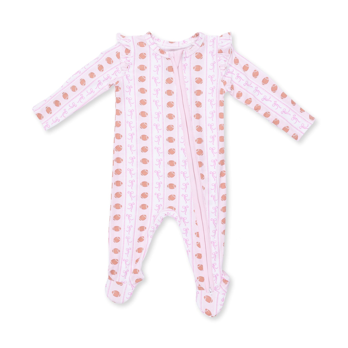 Angel Dear football bow stripe 2-way ruffle zip footie for babies, featuring playful bow and stripe pattern in soft fabric.