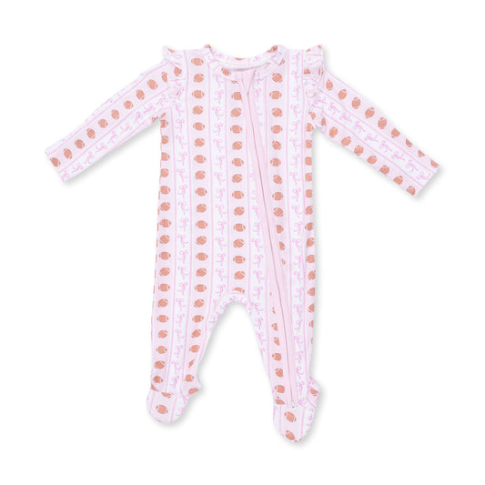 Angel Dear football bow stripe 2-way ruffle zip footie for babies, featuring playful bow and stripe pattern in soft fabric.