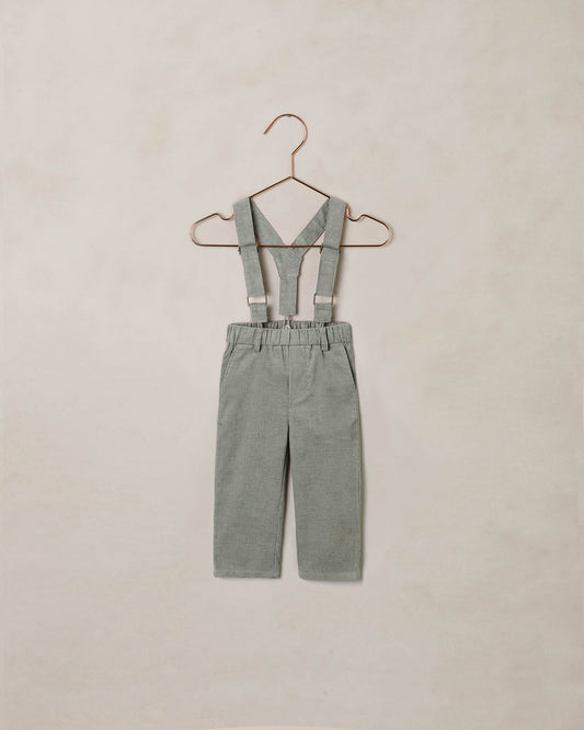 Eucalyptus suspender pant by Noralee, featuring high-waisted design with wide-leg silhouette and suspenders, in a soft fabric.