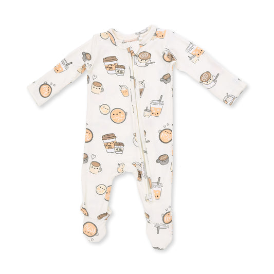 Angel Dear Love You A Latte zip footie for babies, soft fabric with coffee-themed print, perfect for cozy comfort and cute style.