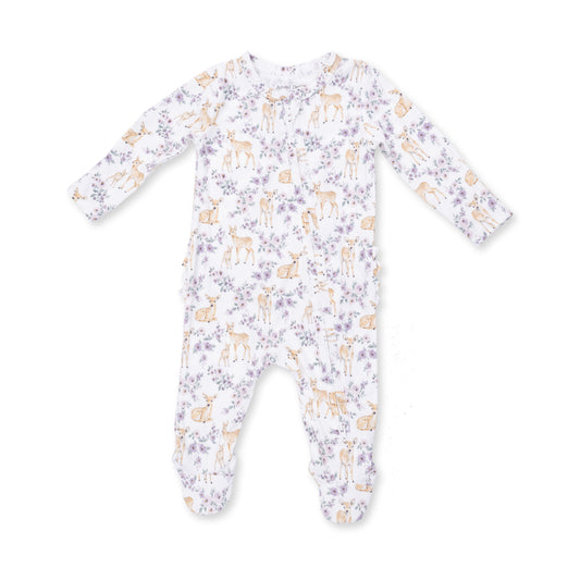 Angel Dear floral deer ruffle zip footie for babies, featuring a cute printed floral and deer pattern with ruffles on the shoulders.