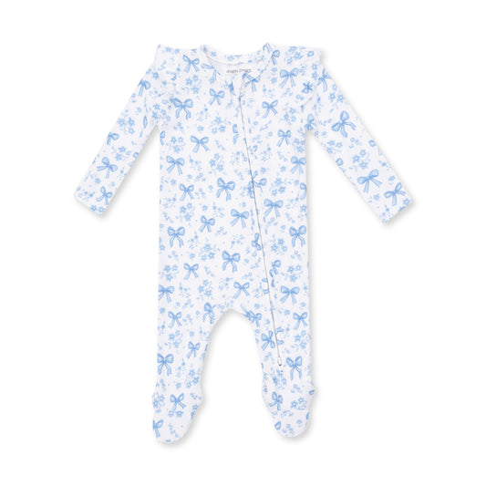 Blue bows and flower ruffle zip footie for babies by Angel Dear, showing the soft fabric with bow and floral ruffle details.