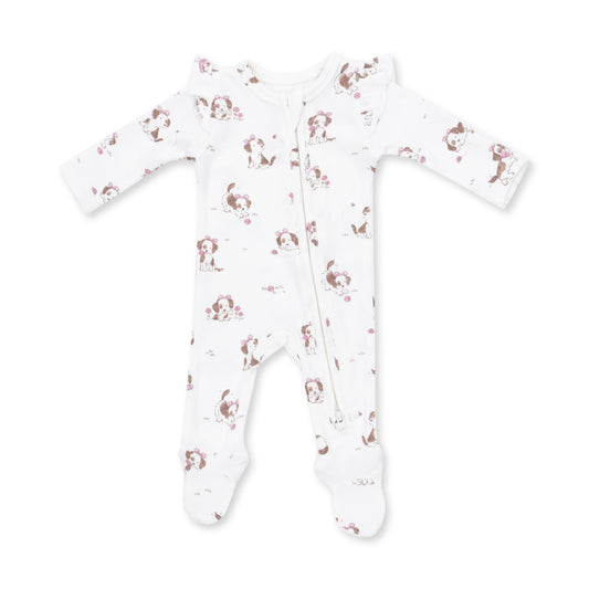 Pink explorer puppy zip footie for babies with ruffle sleeves from Angel Dear, featuring a cute puppy print and soft fabric.