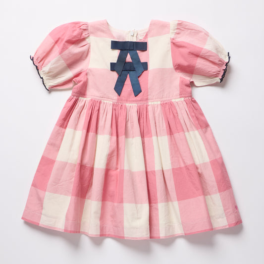 Pink Checks Hermione Dress by Pink Chicken, featuring a pink and white checkered pattern, sleeveless design, and ruffled details.