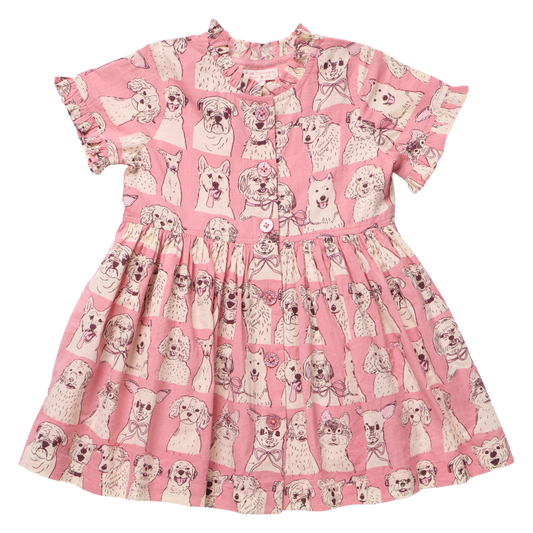 Pink Chicken pink sketched dogs autumn dress featuring a playful dog pattern, perfect for stylish fall wear.