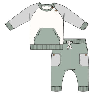 Sage colorblock jogger set for kids by Petit Lem, featuring soft fabric and comfortable elastic waist joggers with a matching top.