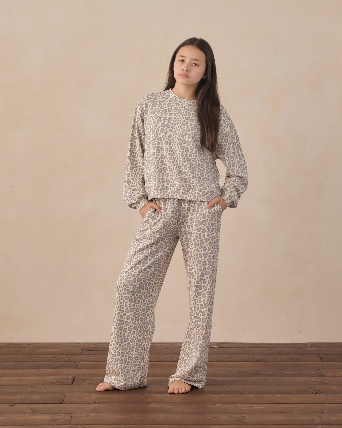 Teen blue leopard print sweatpants by Rylee & Cru, featuring a relaxed fit and bold leopard pattern on soft fabric.