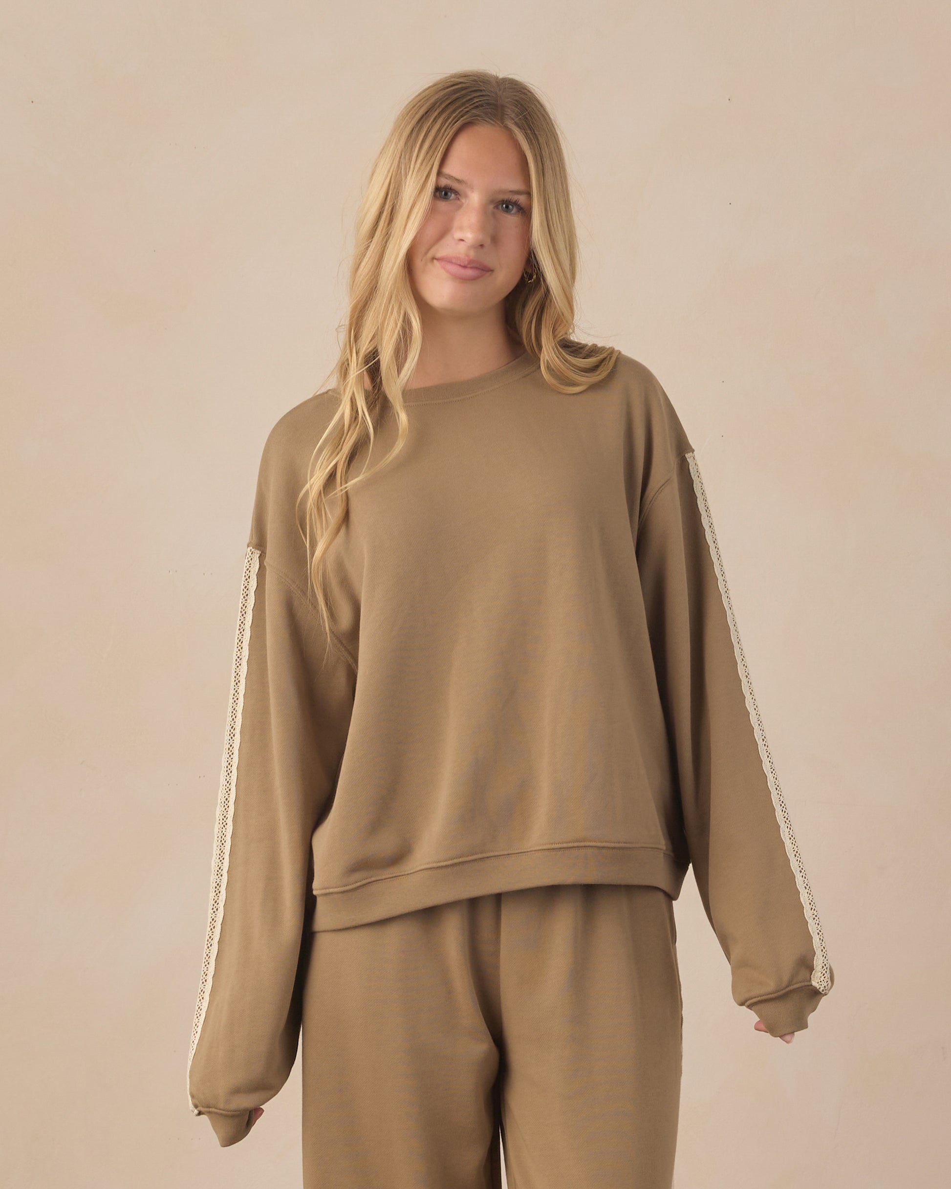 Teen olive oversized sweatshirt by Rylee & Cru, featuring a relaxed fit with long sleeves and a cozy, casual style.