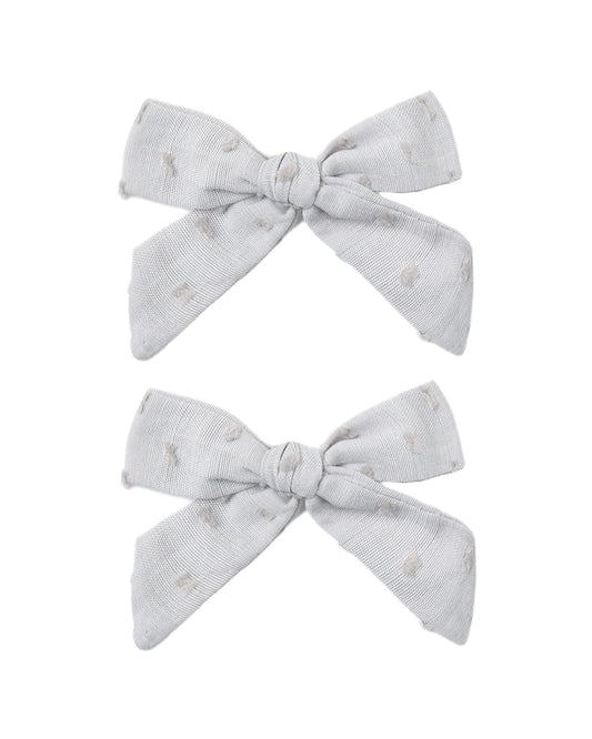 Pair of dusty blue bows by Rylee & Cru, set of two, featuring soft fabric and classic design for children's accessories.
