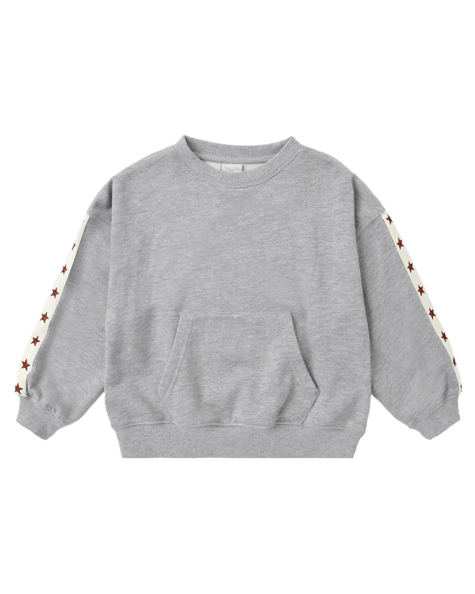 Heathered dusty blue pouch pocket crewneck sweater by Rylee & Cru, showing the soft fabric and casual fit.