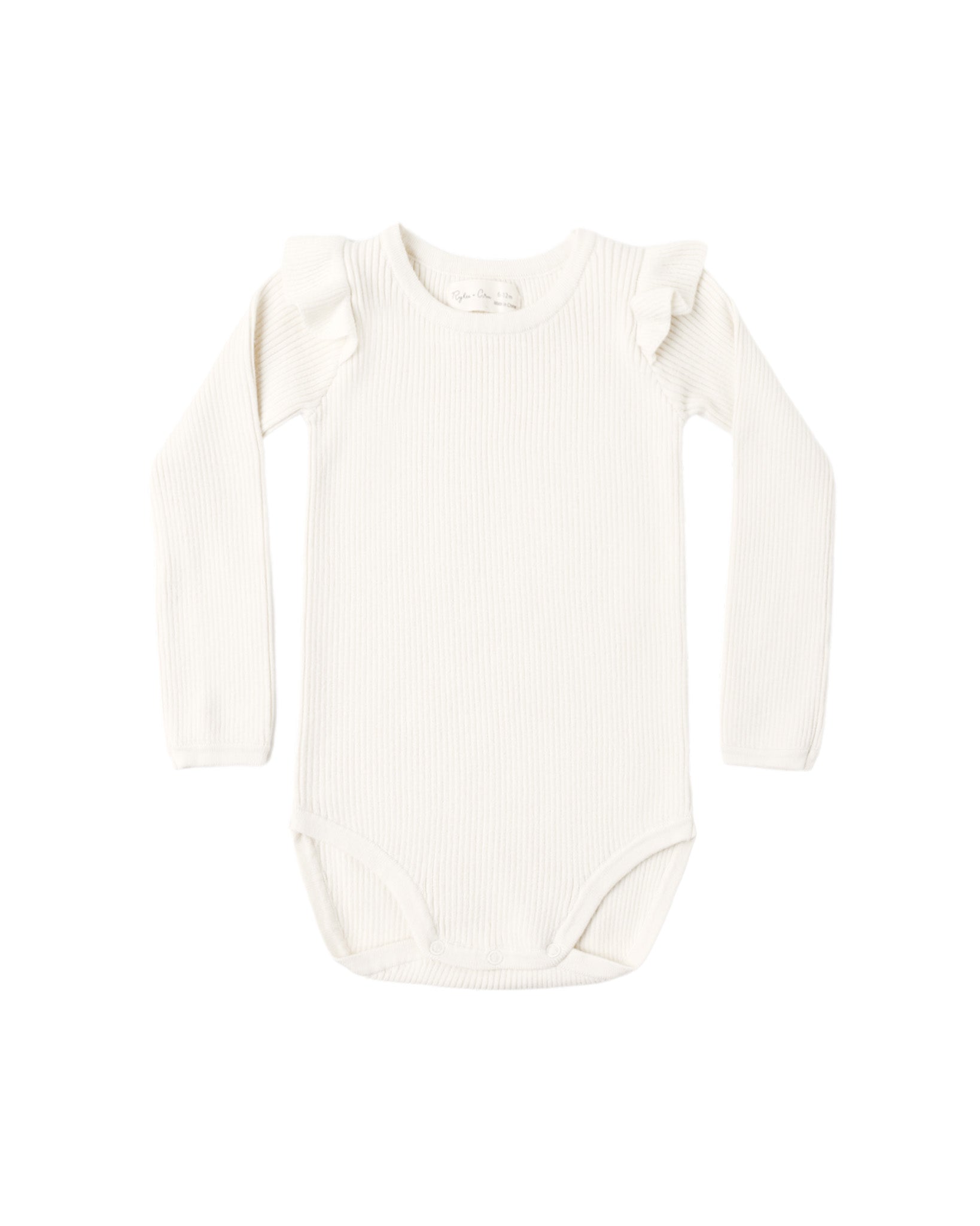 Natural Ruffle Shoulder Bodysuit by Rylee & Cru, showcasing soft fabric with stylish ruffle details on the shoulders.