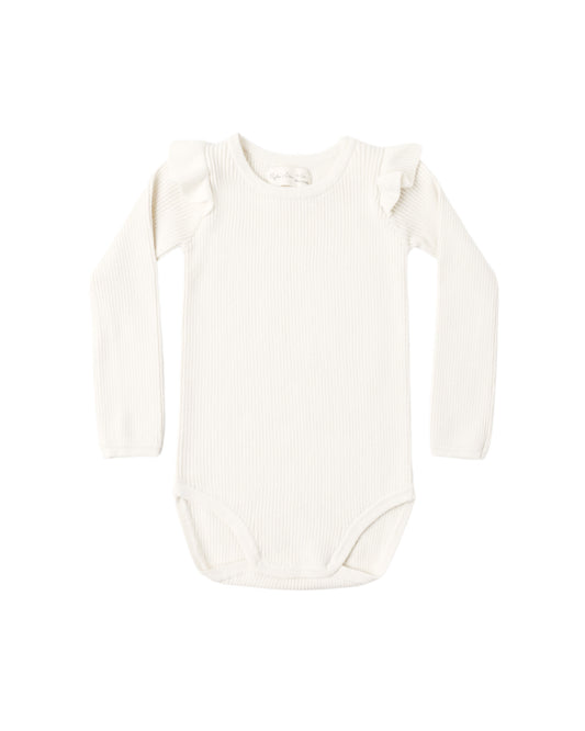 Natural Ruffle Shoulder Bodysuit by Rylee & Cru, showcasing soft fabric with stylish ruffle details on the shoulders.