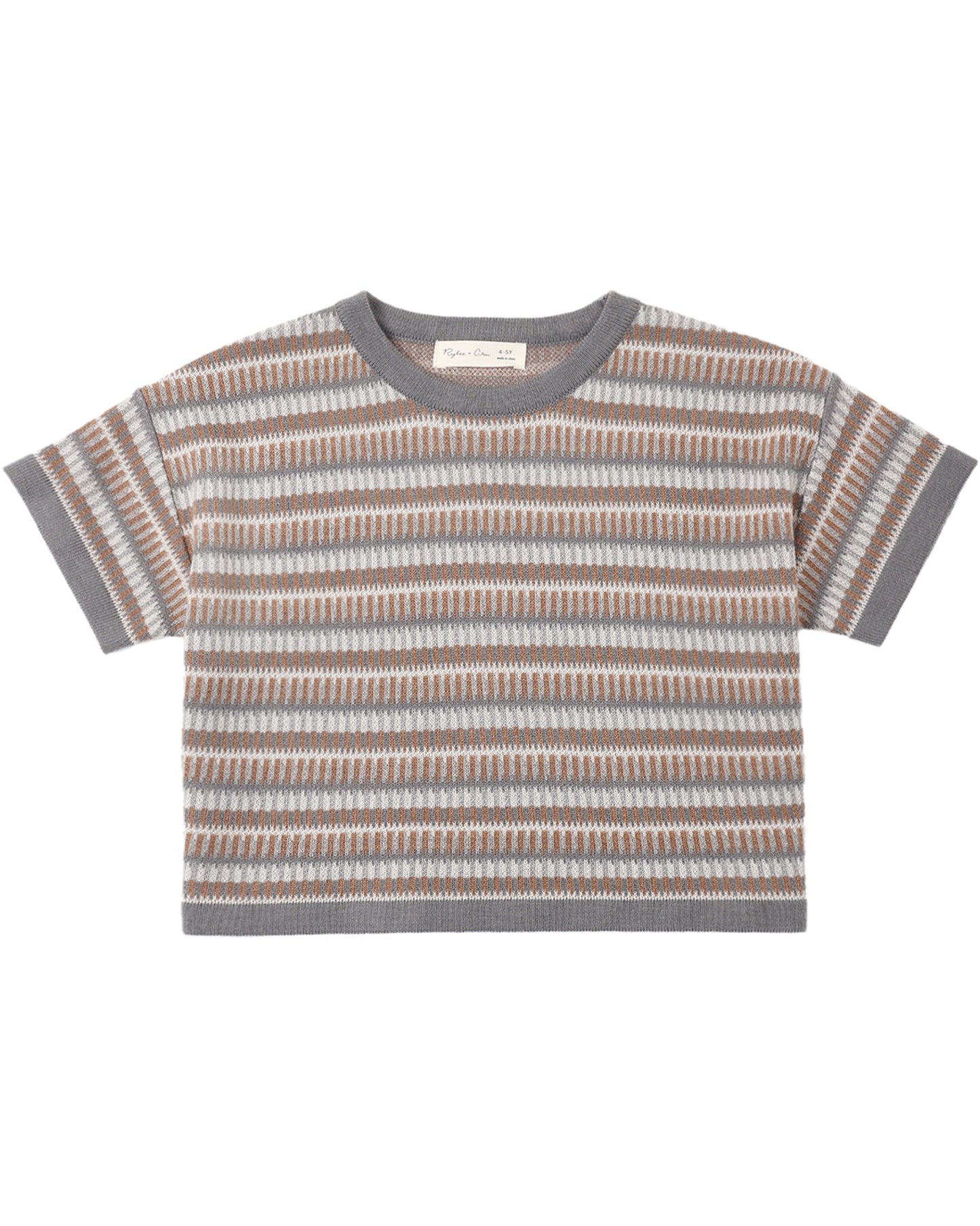 Rylee & Cru multi stripe boxy crop knit tee showing colorful striped pattern and relaxed fit on a model.