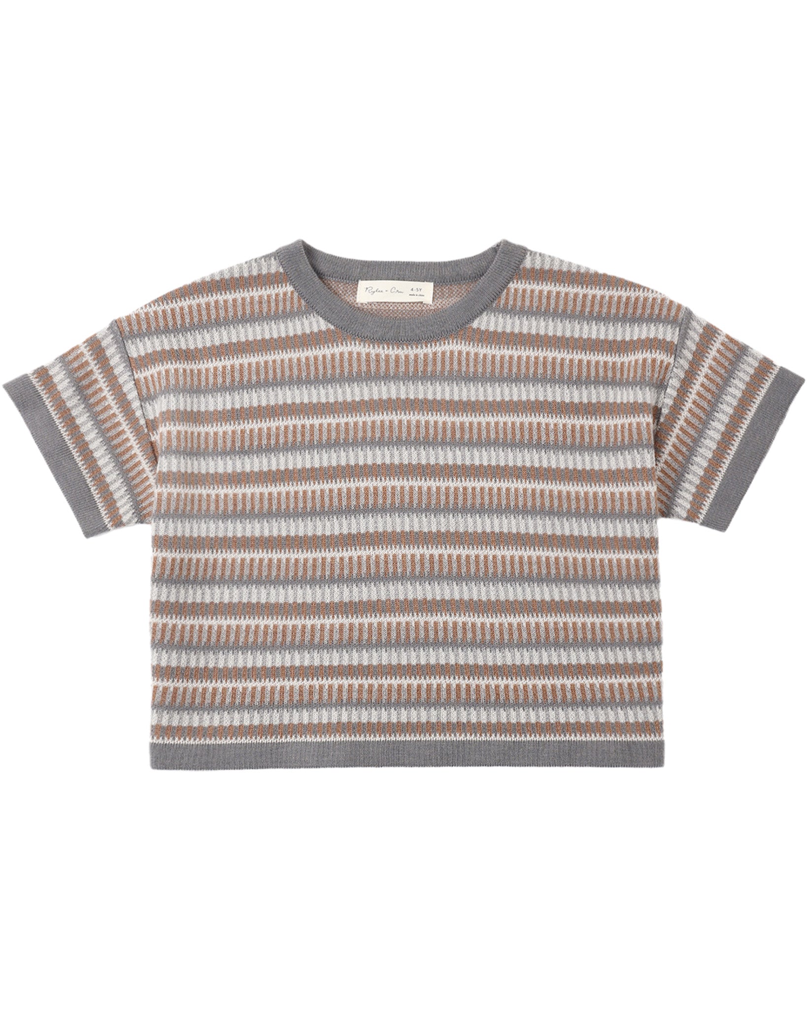 Rylee & Cru multi stripe boxy crop knit tee showing colorful striped pattern and relaxed fit on a model.