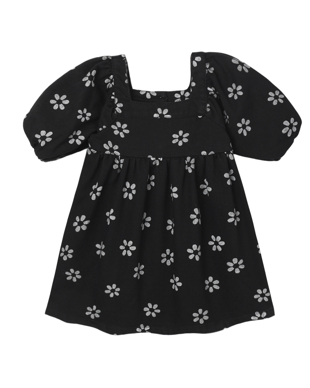 Black Daisy Gretta Babydoll Dress by Rylee & Cru featuring a loose fit, floral pattern, and ruffled hem on lightweight fabric.