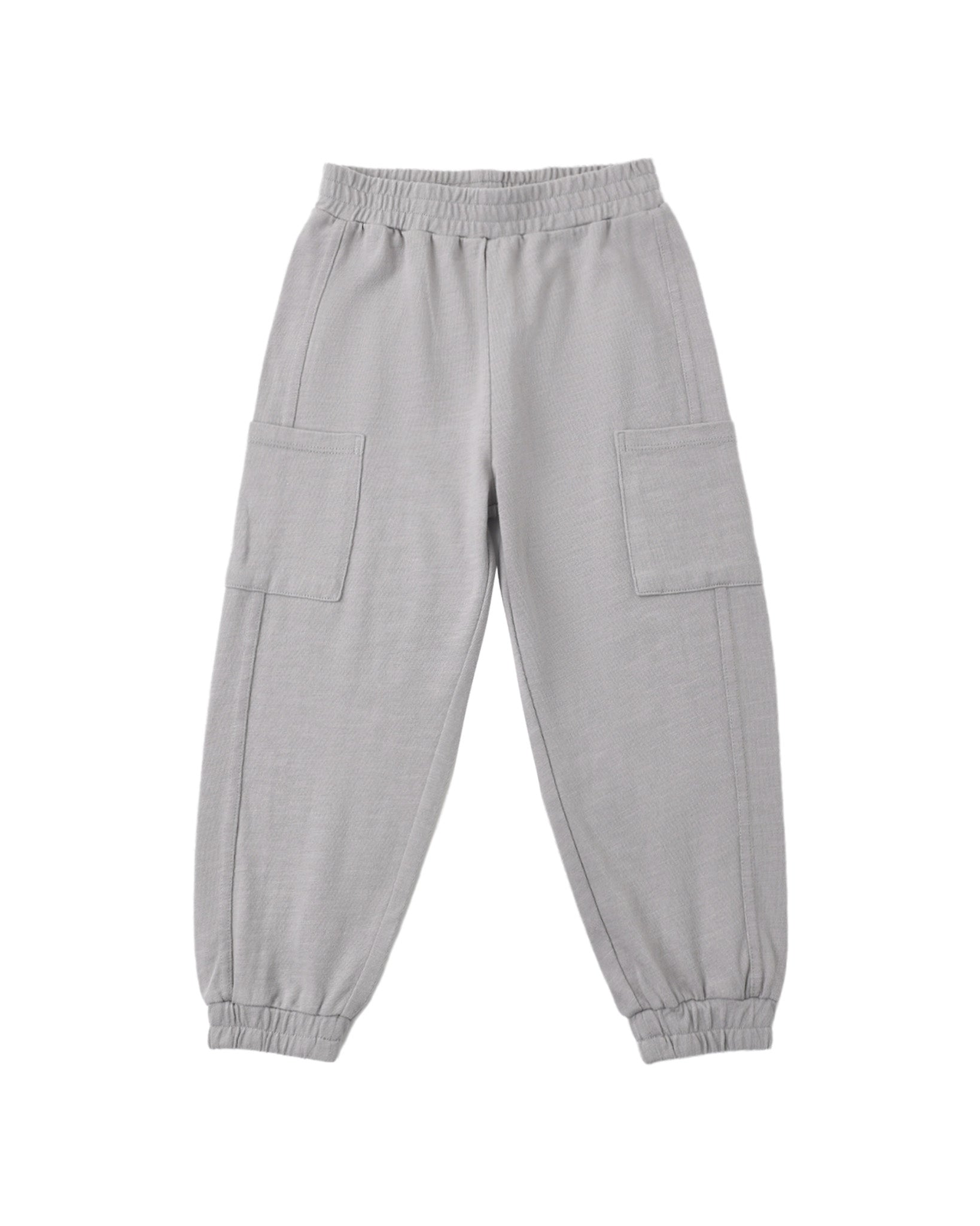 Rylee & Cru dusty blue cargo joggers displayed on a hanger with visible pockets and relaxed fit, ideal for casual wear.