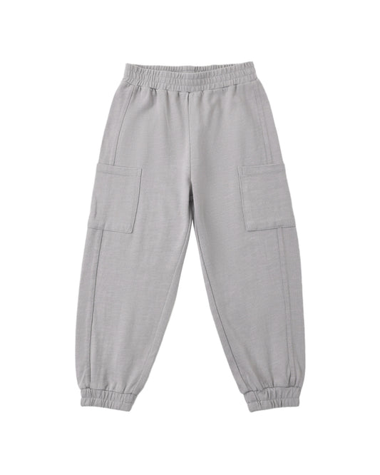 Rylee & Cru dusty blue cargo joggers displayed on a hanger with visible pockets and relaxed fit, ideal for casual wear.