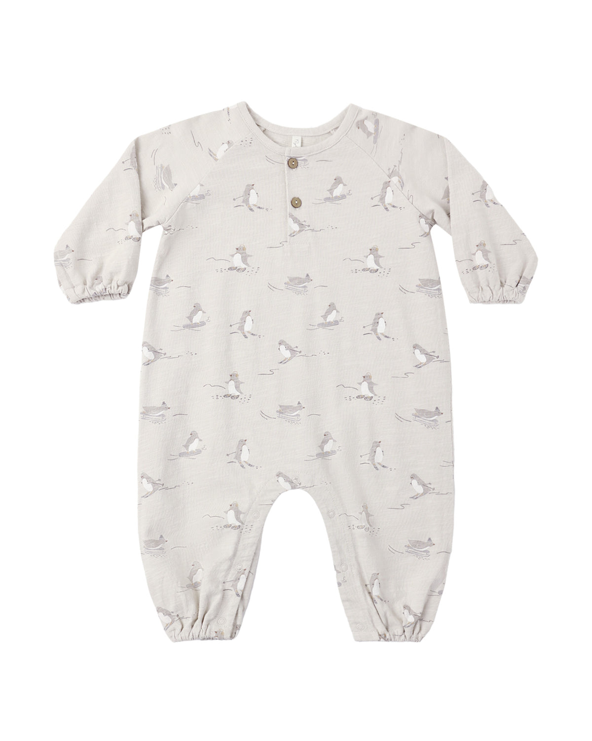 Rylee & Cru skiing penguins Henley jumpsuit featuring a playful penguin print, long sleeves, and cozy fabric for kids.
